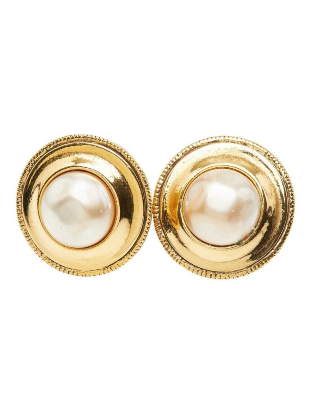 Chanel Round Earrings Gold Faux Pearl Plated